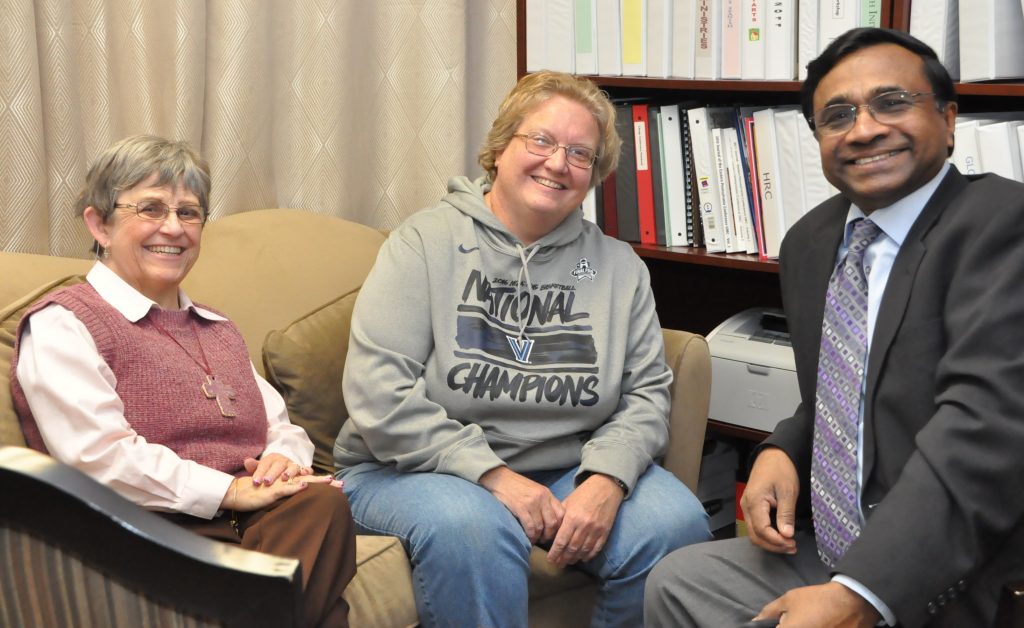 (From left) The Rev. Sally Ott, who left her position as Camp & Retreat Ministries Development Coordinator to return to the pastorate in November, meets with camping ministries veteran Carlen Blackstone, who will help with development tasks in the interim, and the Rev. Christopher J. Kurien, Director of Connectional Ministries. John Coleman photo 