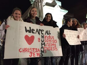 Young people joined many others in protesting President Trump's recent anti-immigrant and refugee actions in Lancaster's downtown Penn Square.