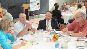 Rev. Gene Boyer shares his perspective with fellow clergy: Rev. Lorelei Toombs, DS Dr. Irving Cotto and Rev. Gary Lefever at the 2014 Bishop's Day on the NE District.