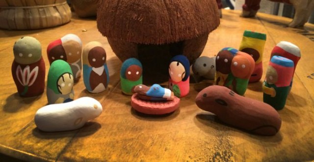 Photo by JoAnn Hall: A Nativity set featuring a coconut stable or shelter and figures hand-made from clay, purchased during JoAnn Hall’s first mission trip to Haiti.