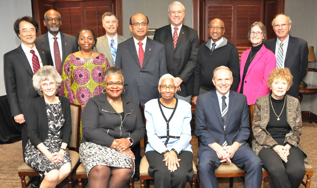 Members of the UMC's NEJ College of Bishops (Active and Retired)--Seated (from left): Bishops Peggy Johnson, Latrelle Easterling, Violet Fisher, John Schol and Jane Middleton. Standing (from left): Bishops Jeremiah Park, Ernest Lyght, Cynthia Moore-Koikoi, Mark Webb, Sudarshana Devadhar, Thomas Bickerton, Marcus Matthews, Sandra Steiner-Ball and Peter Weaver. John Coleman photo.