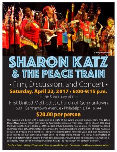 Sharon Katz and the Peace Train performed and showed a film at First UMC Germantown, April 22. The Philadelphia Tribune reported on this event. 